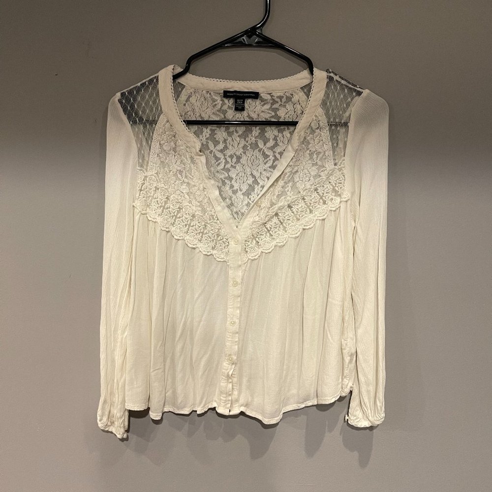 American Eagle White Lace Long Sleeve Button Up Women's Blouse
